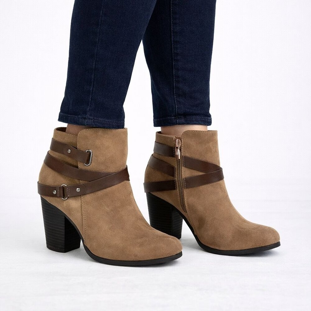 Torrid Womens Faux Suede Strappy Bootie Stacked Heel Brown Extra Wide Size 8W